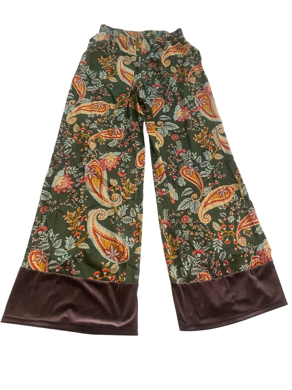 Umgee Women’s Bohemian Wide Leg Flowy Green Paisley Purple Velvet Pants new M/8